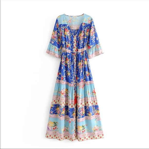 Blue V Neck Boho Floral Gypsy Print Maxi Dress - Picture 4 of 16